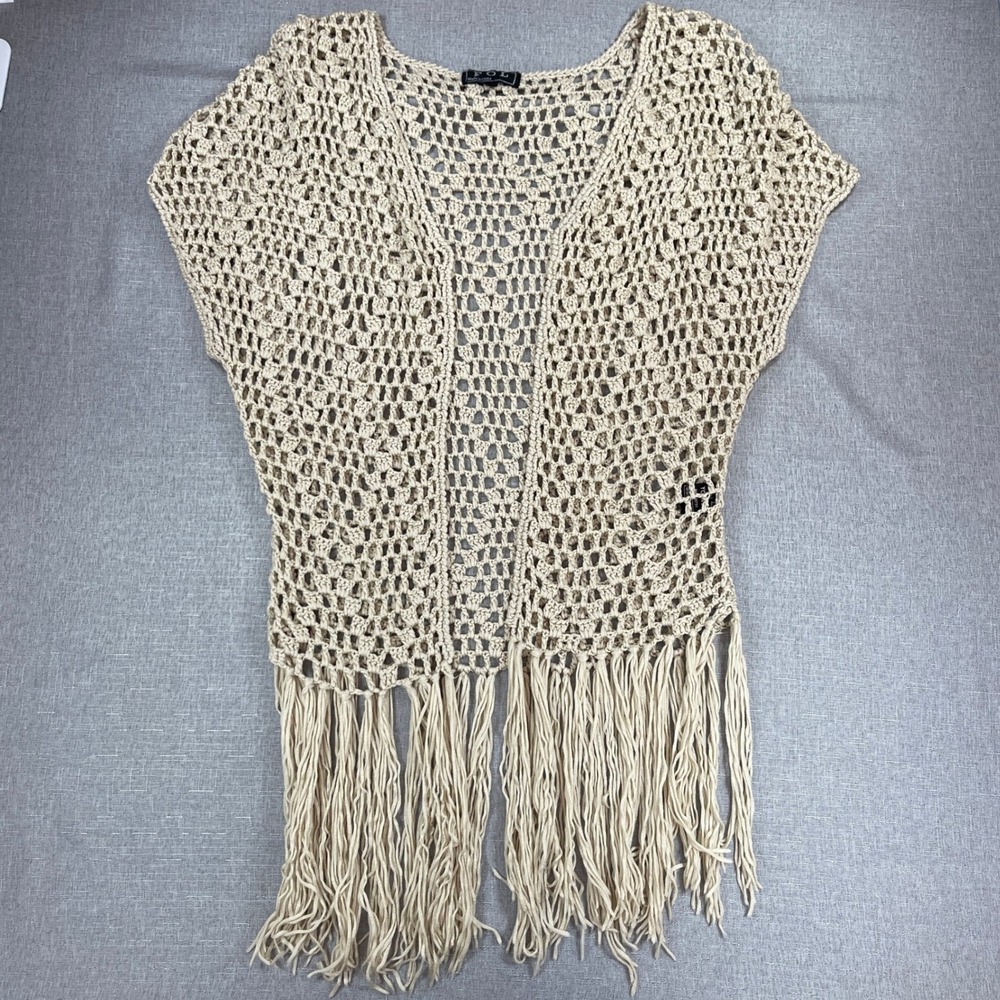 POL Open Knit Diamond Fringe Bottom Cardigan Vest Women Large Tan Boho Festival